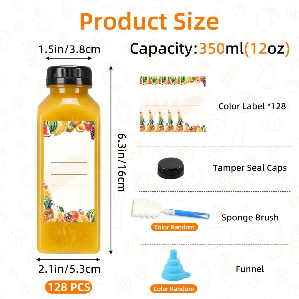128pcs 12oz Empty Plastic Bottles Bulk | Reusable Clear Juice Containers with Funnel & Brush for Smoothies Ginger Tea Coffee