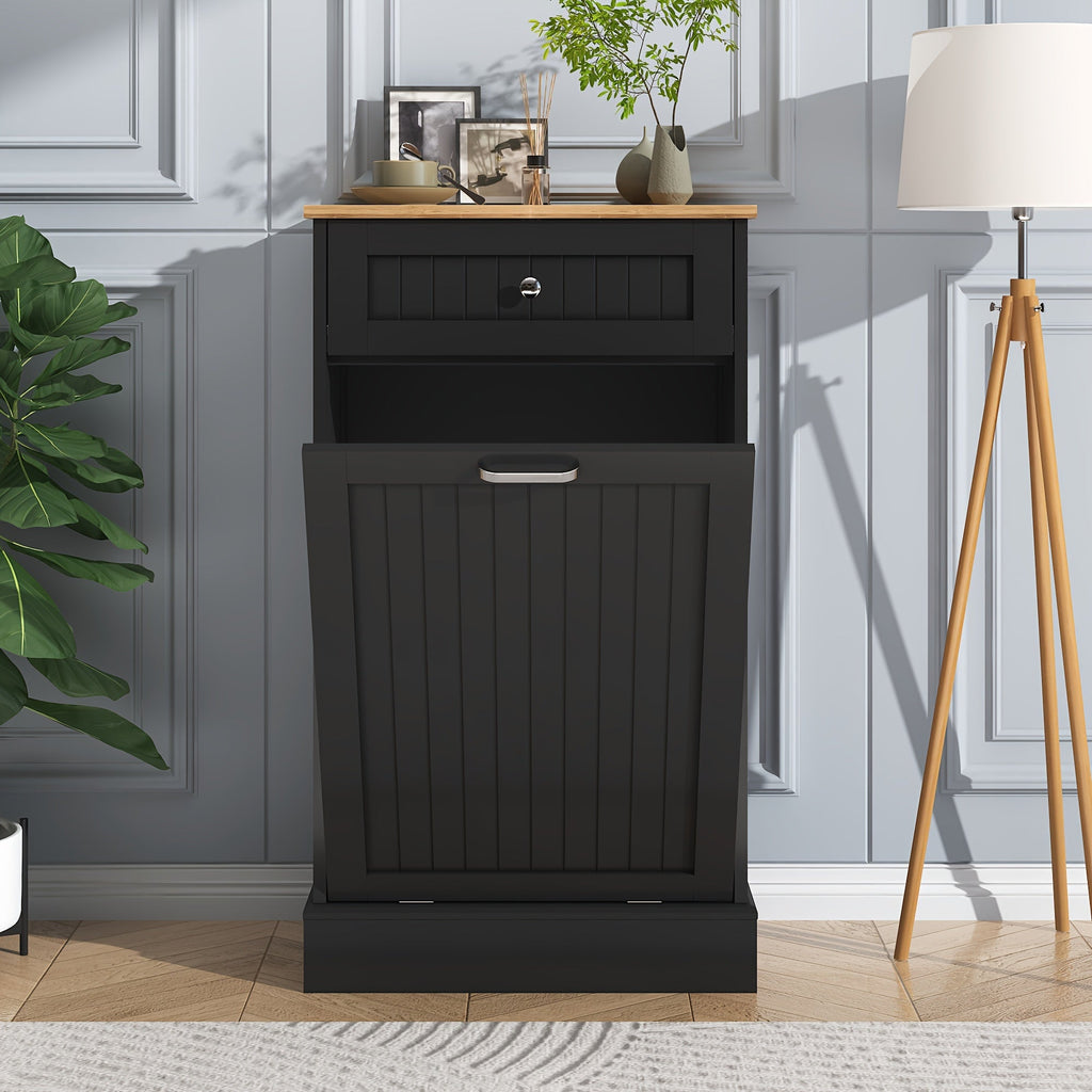 Tilt Out Trash Cabinet Freestanding Kitchen Garbage Cabinet with Cutting Board & Drawer ¨C Wood Hideaway Recycling Station, Fits 10 Gal, Black/White