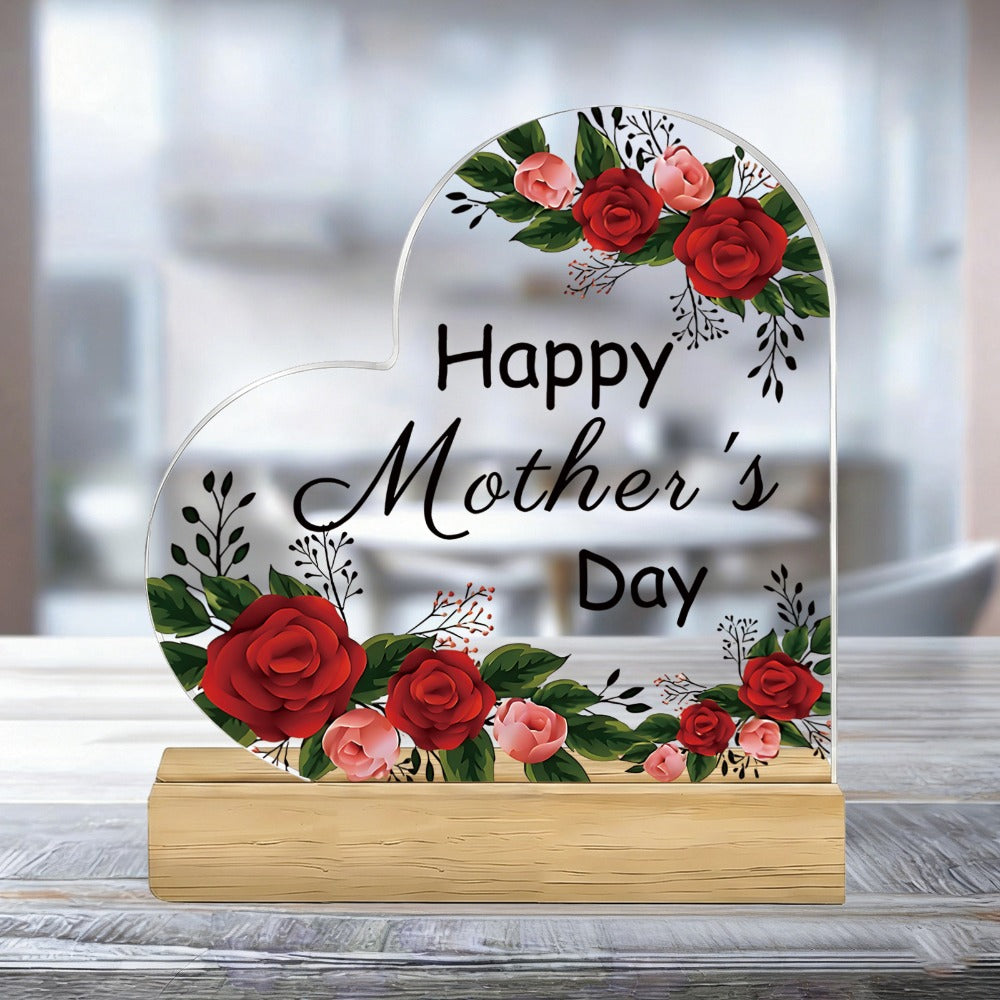 Mother's Day Heart-Shaped Acrylic Sign with Wooden Base | Floral Desktop Ornament for Home Living Room Bedroom | Heartwarming Mom Gift for Mother's Day Celebration Table Decor