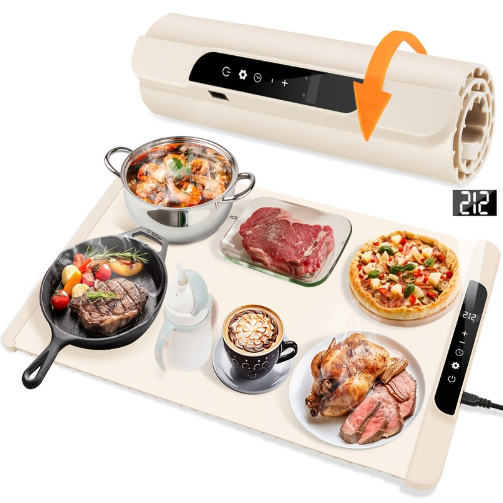 Electric Food Warming Pad Silicone 3 Temperature Levels 6-Hour Timer Foldable Full Surface Rapid Heating Tray for Buffet Party Kitchen Countertop Grayish Blue