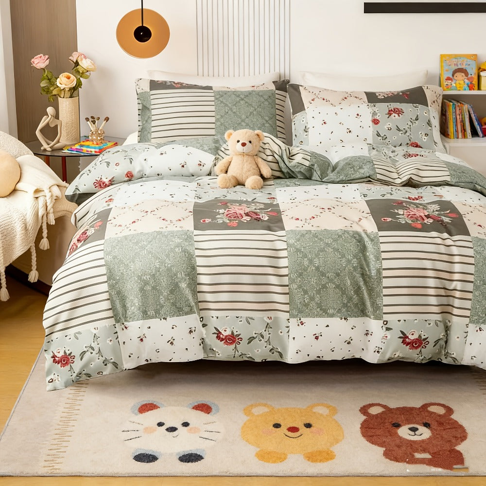 Floral Duvet Cover Set 3 Piece - Zipper Closure Patchwork Comforter Cover with 2 Pillowcases, All-Season Lightweight Kids Bedding Set, Pastoral Flower Plaid Print, Twin Full Queen King