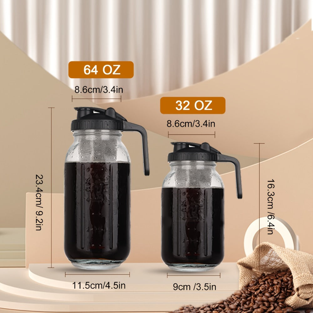 Cold Brew Coffee Pot Set with Stainless Steel Filters & Cleaning Brush - 32oz Glass Mason Jar Cold Brew Maker for Home, Kitchen & Restaurant, Multi-Serve Cold Brew Pitcher Set for Family & Entertaining