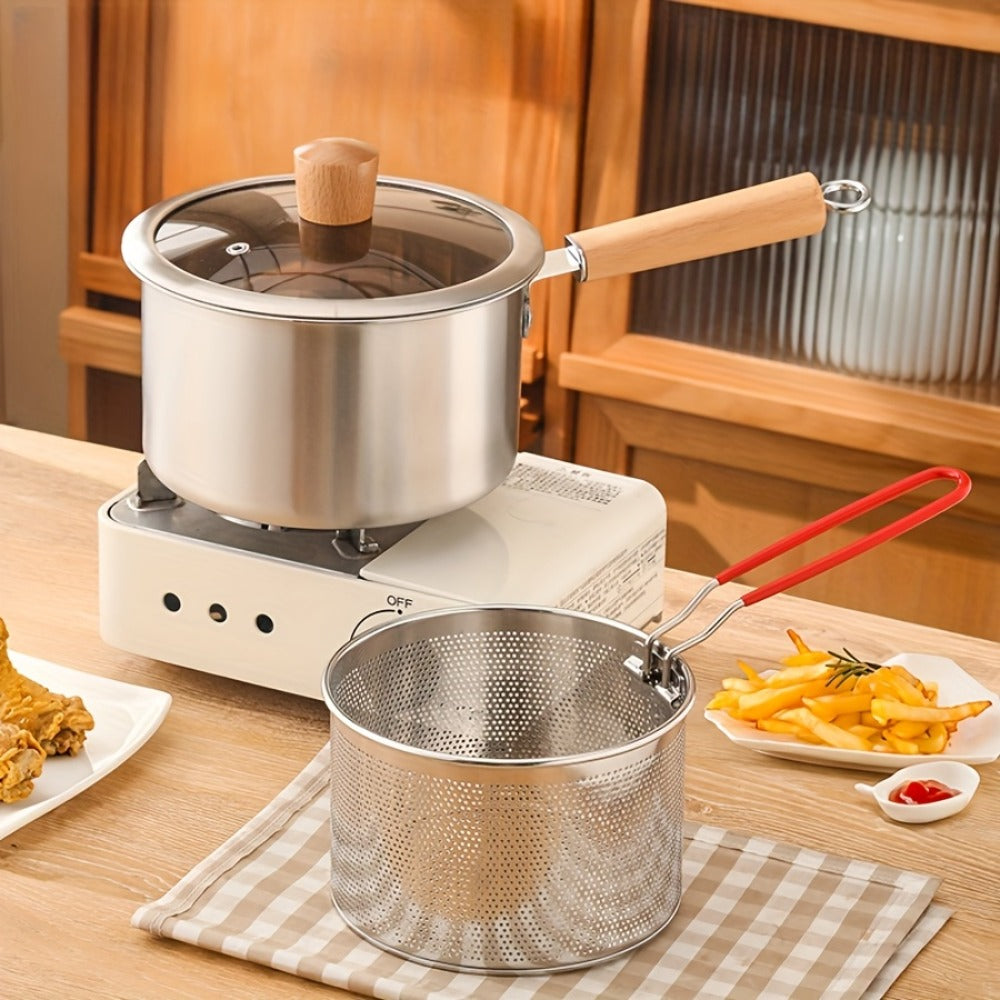 Stainless Steel Deep Fryer Pot Set with Frying Basket & Glass Lid, Non-Stick Multi-Function Cookware for Deep Frying, Noodles, Steaming & Ricotta, Induction & Gas Compatible