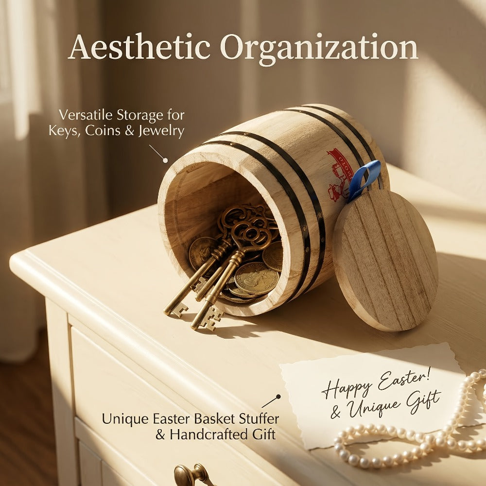 Wooden Barrel Storage Jar with Lid ¨C Rustic Mini Desktop Organizer for Coffee Beans, Sugar, Candy, Keys, Coins & Jewelry | Vintage Handcrafted Trinket Box | Retro Home Office Decor Gift
