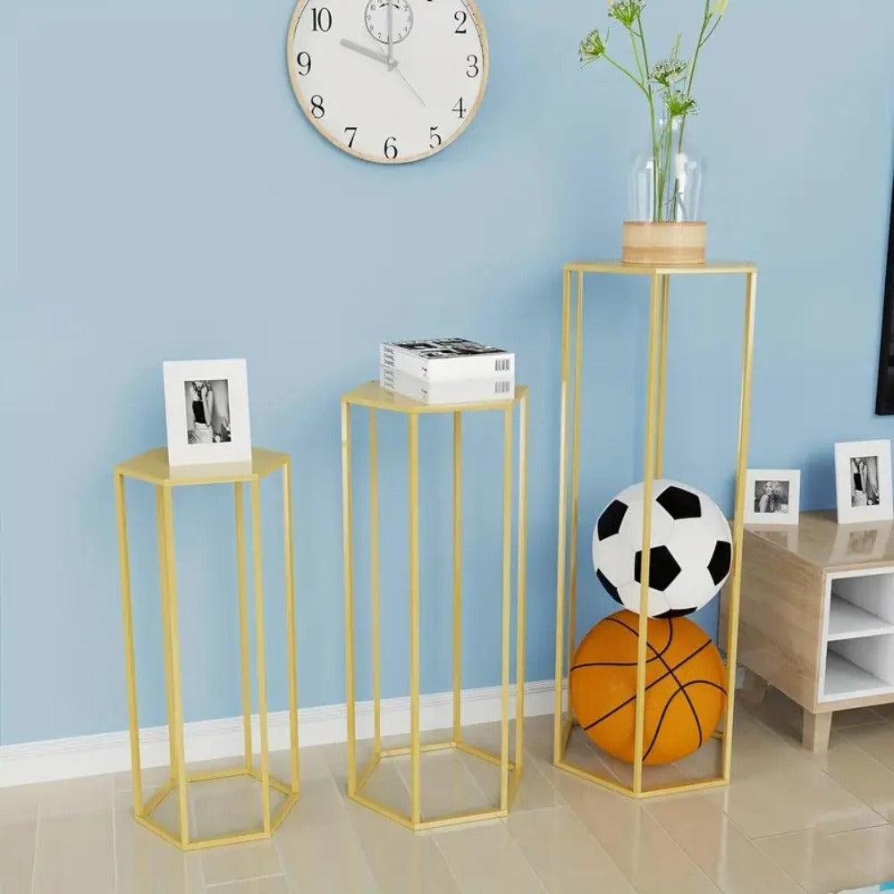 Golden Cake Stand & Pedestal Stand Set - Metal Cylinder Hexagon Display Stand for Wedding, Party & Home Decor