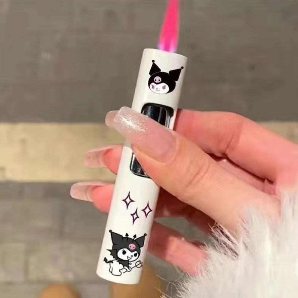 Kawaii Windproof Lighter Sanrio Kuromi Hello Kitty Pink Flame Cylindrical Lighter Luminous White Press Ignition Creative Gift Cute Cartoon