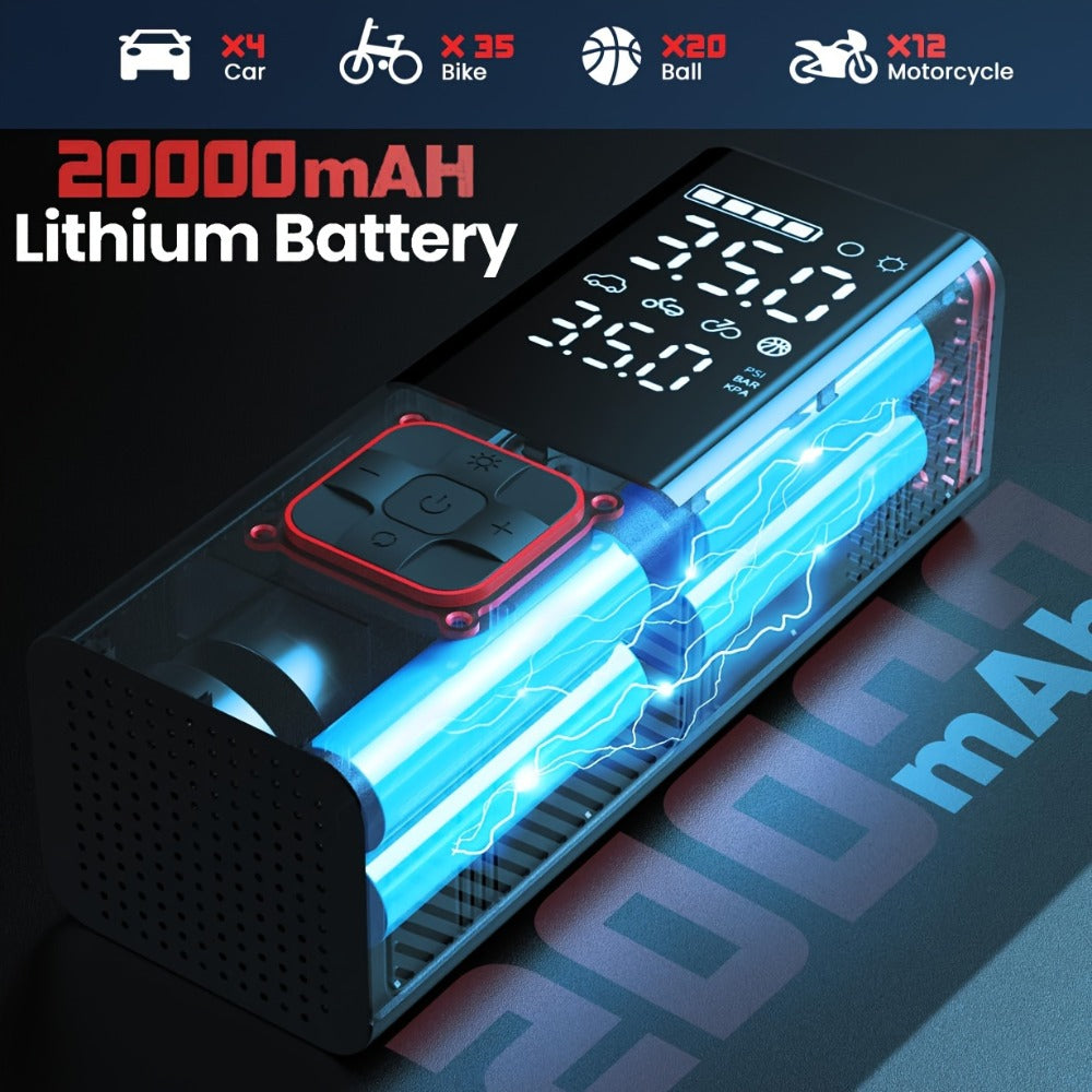 Portable Tire Inflator Air Compressor - 160 PSI 20000mAh Cordless Tire Pump 4X Faster with LED Light for Car, Bicycle, Motorcycle & Ball