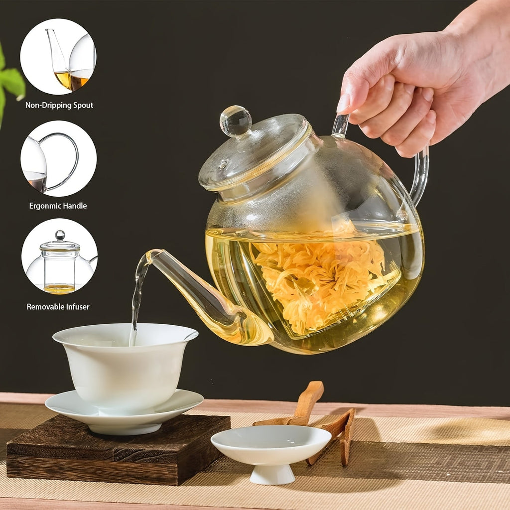 Glass Teapot with Removable Infuser 51oz Borosilicate Clear Tea Kettle Stovetop Safe for Loose Leaf Blooming Herbal & Flower Tea ¨C 1530ml Tea Pot with Optional Teacup Set