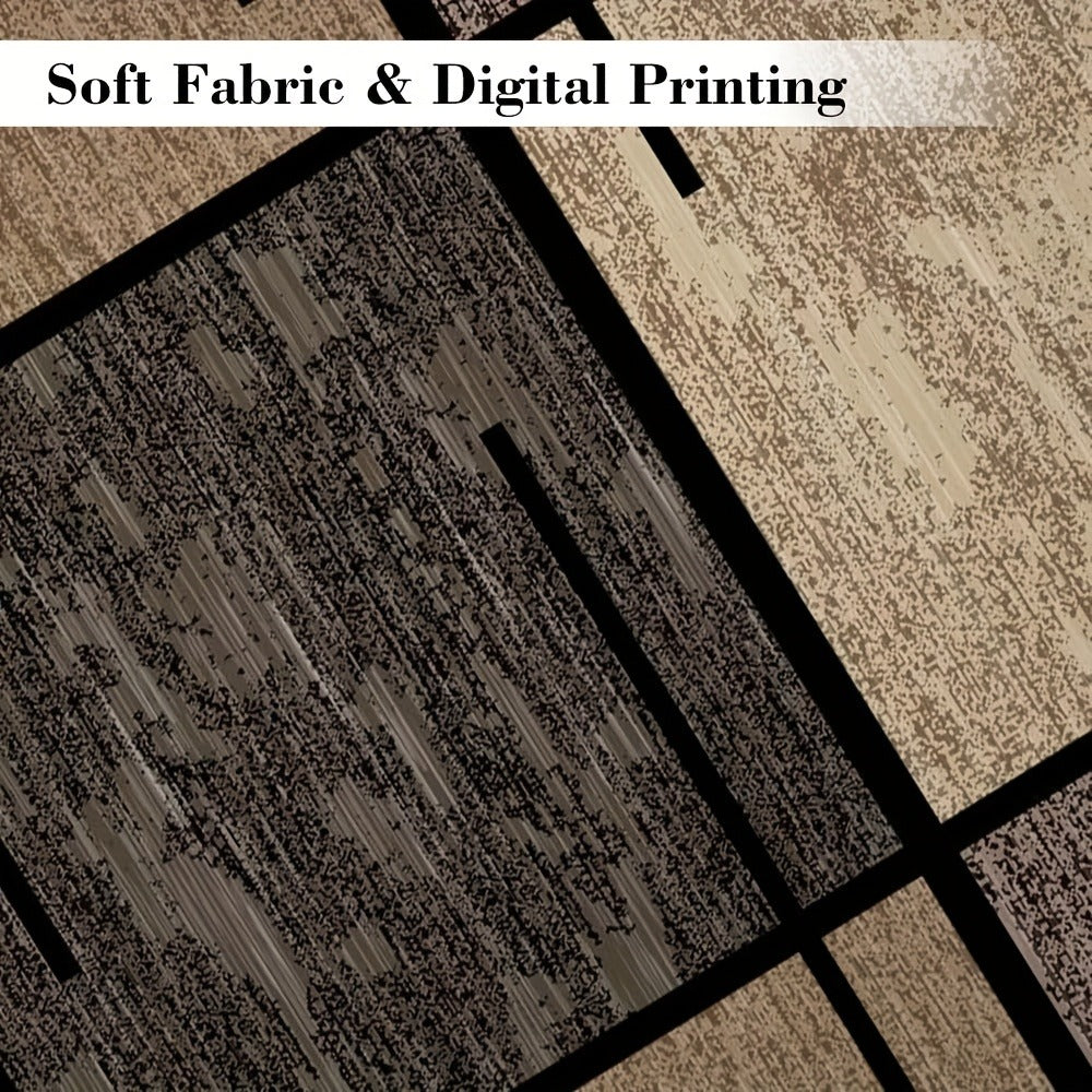 Machine Washable Area Rug Geometric Beige Brown Velvet 850 GSM Fade-Resistant Polyester Carpet for Living Room Bedroom Dining Room Office Non-Slip Rectangle Floor Rug