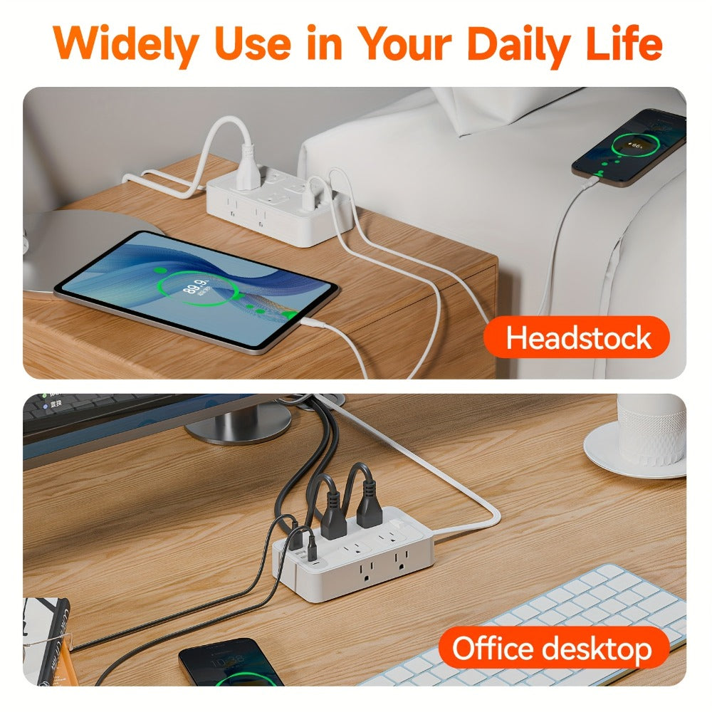 Power Strip Outlet Extender Surge Protector 8 AC Outlets 6 USB Charging Ports 4 USB-A 2 USB-C 3 Inch Short Cord Desk Charging Station for Home Dorm Office Travel White Black