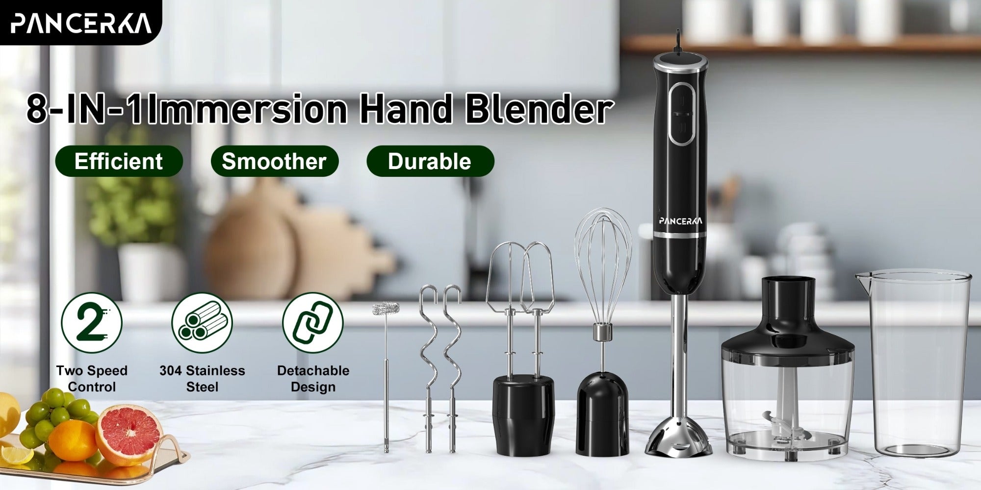 Immersion Blender 8-in-1 Electric Hand Blender with Turbo Mode & Detachable Base ¨C 304 Stainless Steel Handheld Blender with Whisk Milk Frother Attachments for Smoothies Soups Baby Food Puree