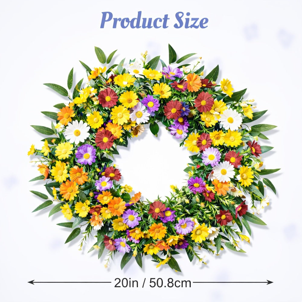 20 Inch Spring Wreath for Front Door Artificial Daisy Lavender Wildflower Farmhouse Wreath for Home Wall Easter Holiday Decor