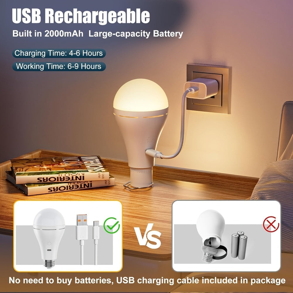 USB Rechargeable Light Bulbs 2-Pack with Remote Control Dimmable Timer 3 Color Temperatures E26 9W 350LM 2000mAh Emergency LED Bulb with Hook for Camping