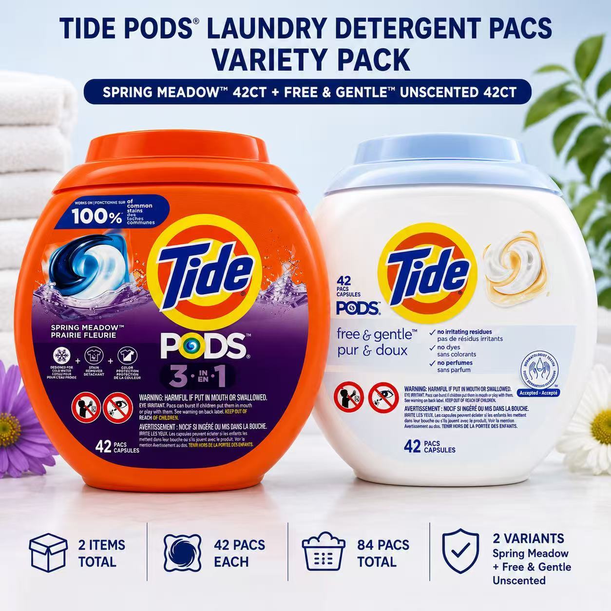 Tide Pods Laundry Detergent Pacs Bundle 84ct - Fresh Meadows 42ct + Free & Gentle 42ct, 3-in-1 Formula Stain Remover Color Protector, HE Compatible Hot & Cold Water, No Mess No Measuring