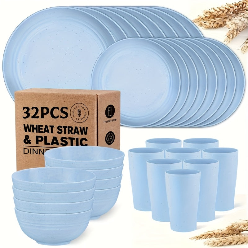 Wheat Straw Dinnerware Set 16 or 32 Piece ¨C Plates & Bowls for 4 or 8 People, Microwave & Dishwasher Safe Plastic Dish Set, Lightweight Colorful Tableware for Home, Party & Holiday