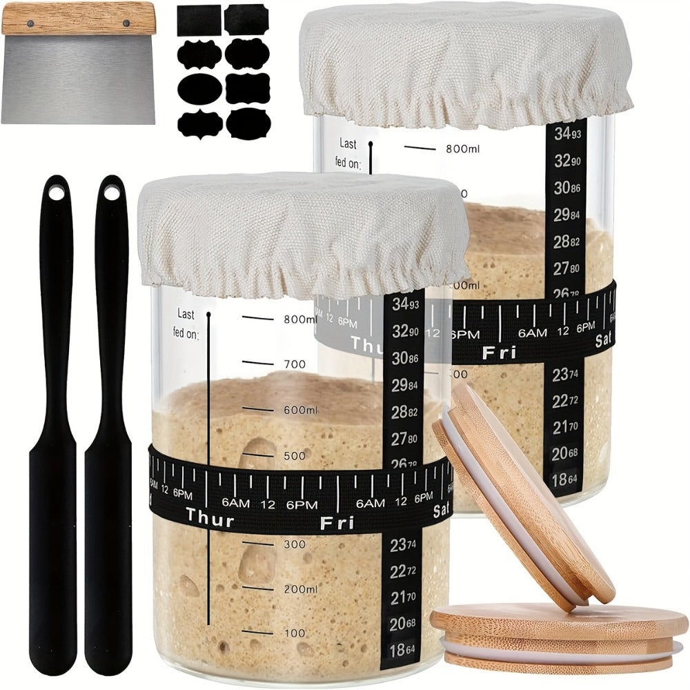 Sourdough Starter Jar 24oz with Lid & Accessories Kit | Glass Bread Starter Container with Silicone Scraper, Thermometer Strip, Date Feeding Band, Cloth Cover & Wood Lid ¨C Reusable Fermentation Jar