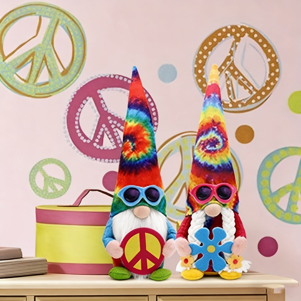 Hippie Gnomes Decorations 2 Pack ¨C Groovy Tie Dye Tomte Figurines with Peace Sign & Fashion Glasses, 13.5¡± Swedish Gnome Shelf Sitters for Farmhouse, Christmas, Halloween & Party Decor