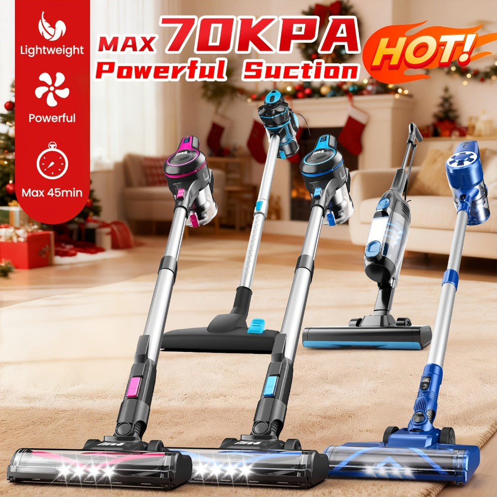 Cordless Vacuum Cleaner 2-in-1 Corded 70KPA Powerful Suction | 6-in-1 Handheld Vacuum with Detachable Battery 45-Min Runtime LED Brush Head 50.5oz Dust Cup | For Hardwood Floor Carpet Pet Hair Home Car