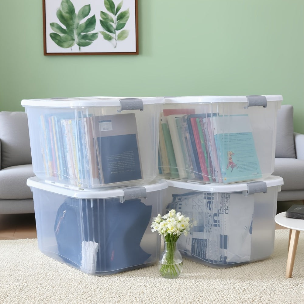 Stackable Storage Bins with Lids 4 Pack Clear Plastic Lidded Containers 46QT Large Organizer Boxes for Pantry Kitchen Bathroom Office Bedroom Closet Garage Seasonal Holiday Storage
