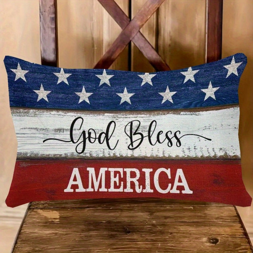 4th of July Throw Pillow Cover 12x20 Inch, God Bless America Patriotic Red White Blue Linen Cushion Case Star Pattern Distressed Wood, Boho Home Decor for Independence Day Memorial Day