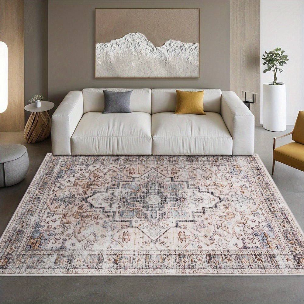 Bohemian Area Rug Ultra-Soft Non-Slip Washable Retro Foldable Carpet for Living Room Bedroom in Beige and Grey Multiple Sizes