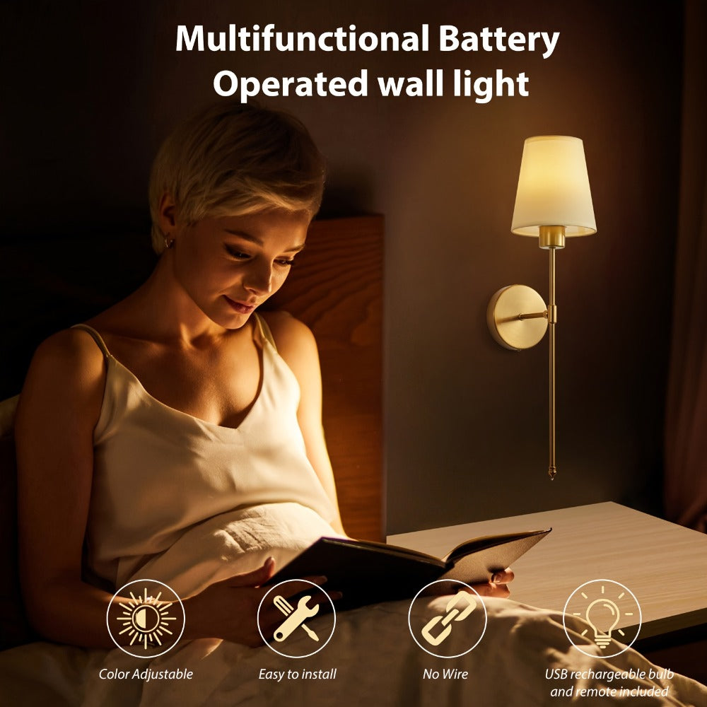 Rechargeable Wall Sconce 2-Pack RGB ¨C 15-Color Dimmable LED Wall Light with Remote Control, 5200mAh Battery, No Wiring for Bedroom, Living Room, Kitchen & Corridor (Gold / Black)