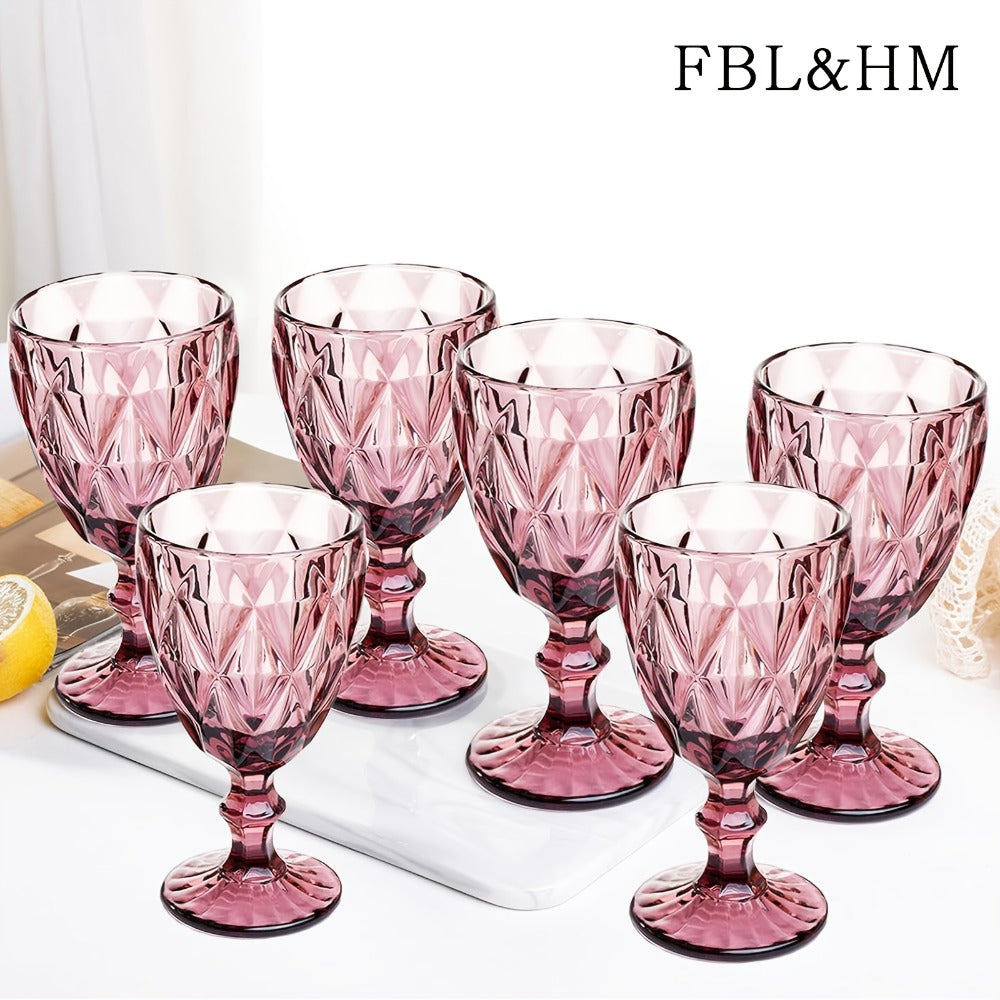 Vintage Wine Glasses Set of 6 Colored Stemmed Goblets 11.5oz ¨C Amber Flower Pattern Clear Glass Water Cups for Wedding Party Bar Table Glassware Gift