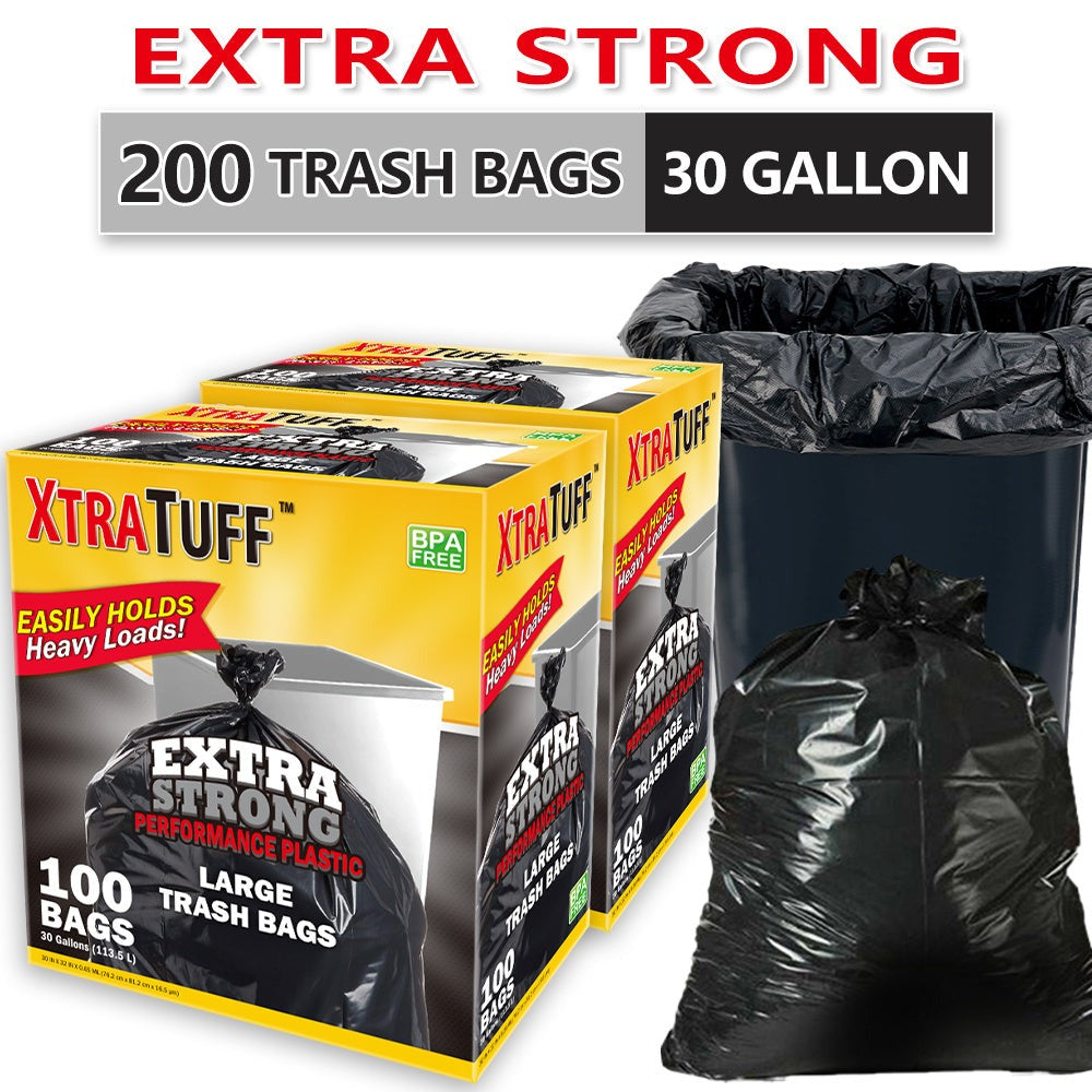30 Gallon Trash Bags 200 Count ¨C Black Large Garbage Bags, Ultra Strong Leak-Proof, 113.5L Heavy Duty Bags for Kitchen, Industrial, Garden & Commercial Use, 4 Rolls / 2 Boxes Value Pack