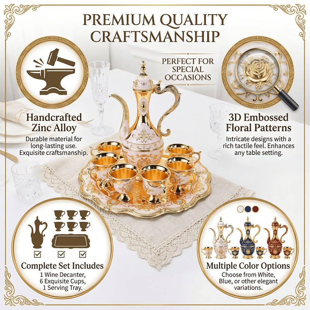 Vintage Turkish Coffee Tea Set ¨C Zinc Alloy Teapot, 6 Cups & Tray | European Style Luxury Gift Set for Tea, Coffee & Cappuccino