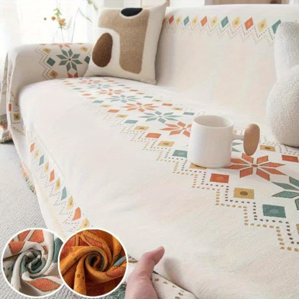 Bohemian Embroidery Chenille Sofa Cover 300GSM - Machine Washable Knit Weave Slipcover for 2 3 4 Seater Sectional Sofa No Padding, 5 Colors