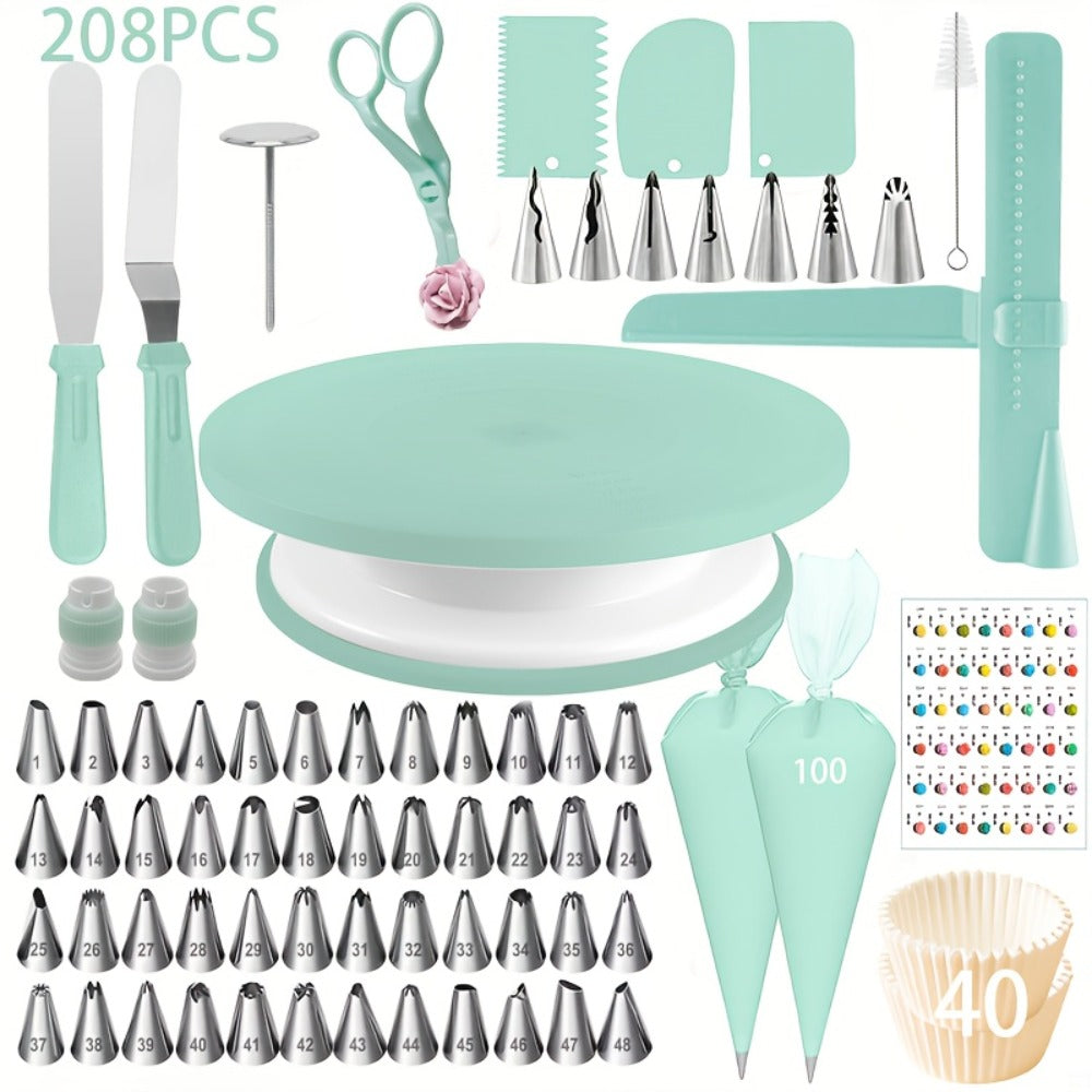 Cake Decorating Supplies Kit 208pcs, Stainless Steel Piping Nozzles Set with Cake Turntable Piping Bags Muffin Cups Chocolate Molds, Complete Baking Tools for Cupcakes Pastry Cookies Beginners