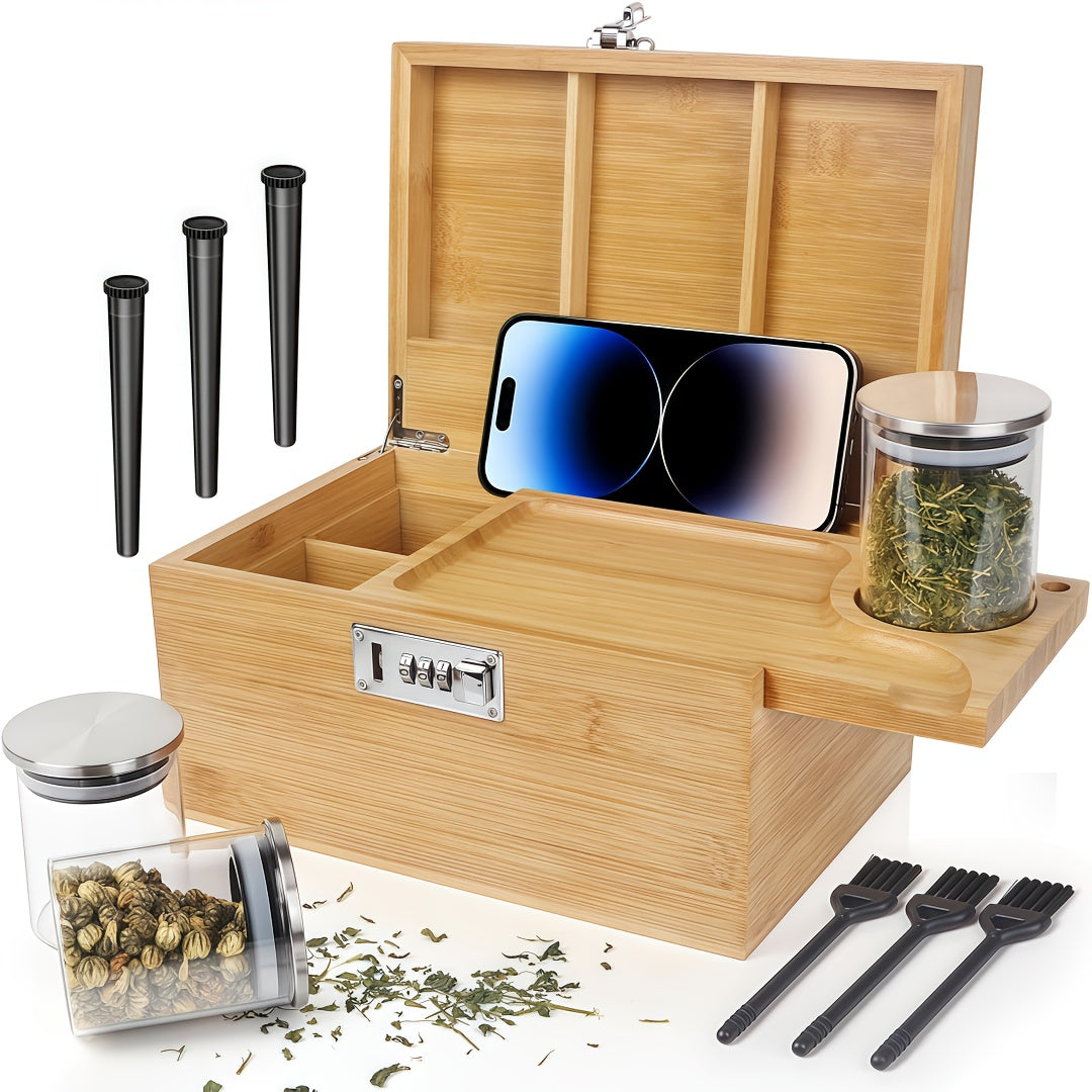 Bamboo Storage Box with Combination Lock Smell-Proof, Sliding Tray Detachable Compartments 3 Glass Jars Brushes Tubes, Wooden Stash Box Kit with Lock Elegant Gift Set for Essentials Organization