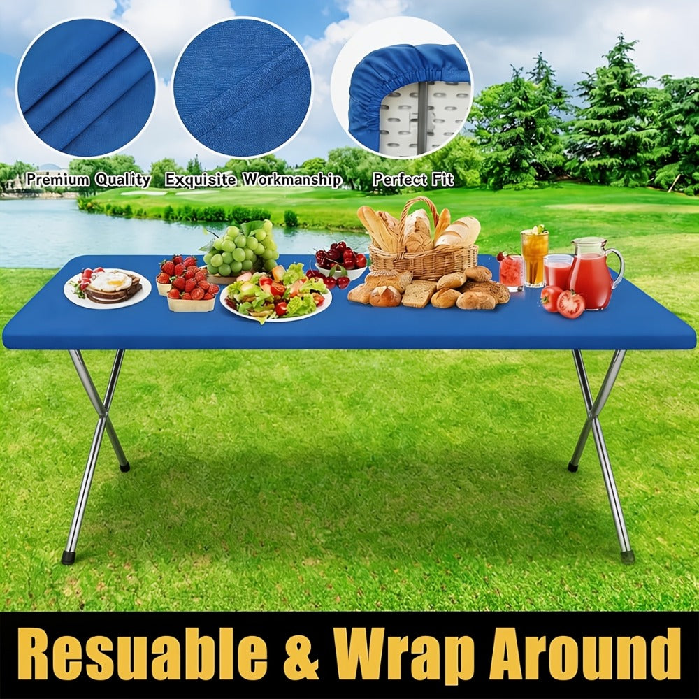 Stretch Table Covers 6Ft Washable Elastic Rectangle Tablecloth for Parties Weddings Picnics Camping, Spandex Polyester Blend, Fits Standard 6 Foot Tables, Set of 3 6 9 or 12, Black White Blue