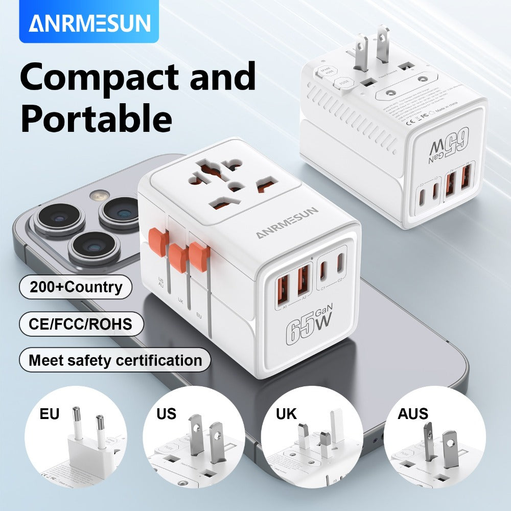 65W Universal Travel Adapter with 4 USB Ports - 2 USB-C & 2 USB-A Fast Charging, US EU UK AU Plugs, 100-240V Input, Overload & Short Circuit Protection, 200+ Countries, White & Black