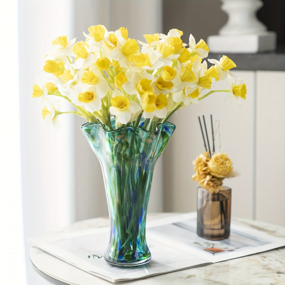 Hand Blown Glass Vase Colorful Wide Mouth, Teal Green Art Glass Flower Vase for Fresh Flowers & Spring Arrangements, Decorative Centerpiece for Bookshelf, Dining Table, Bedroom & Living Room
