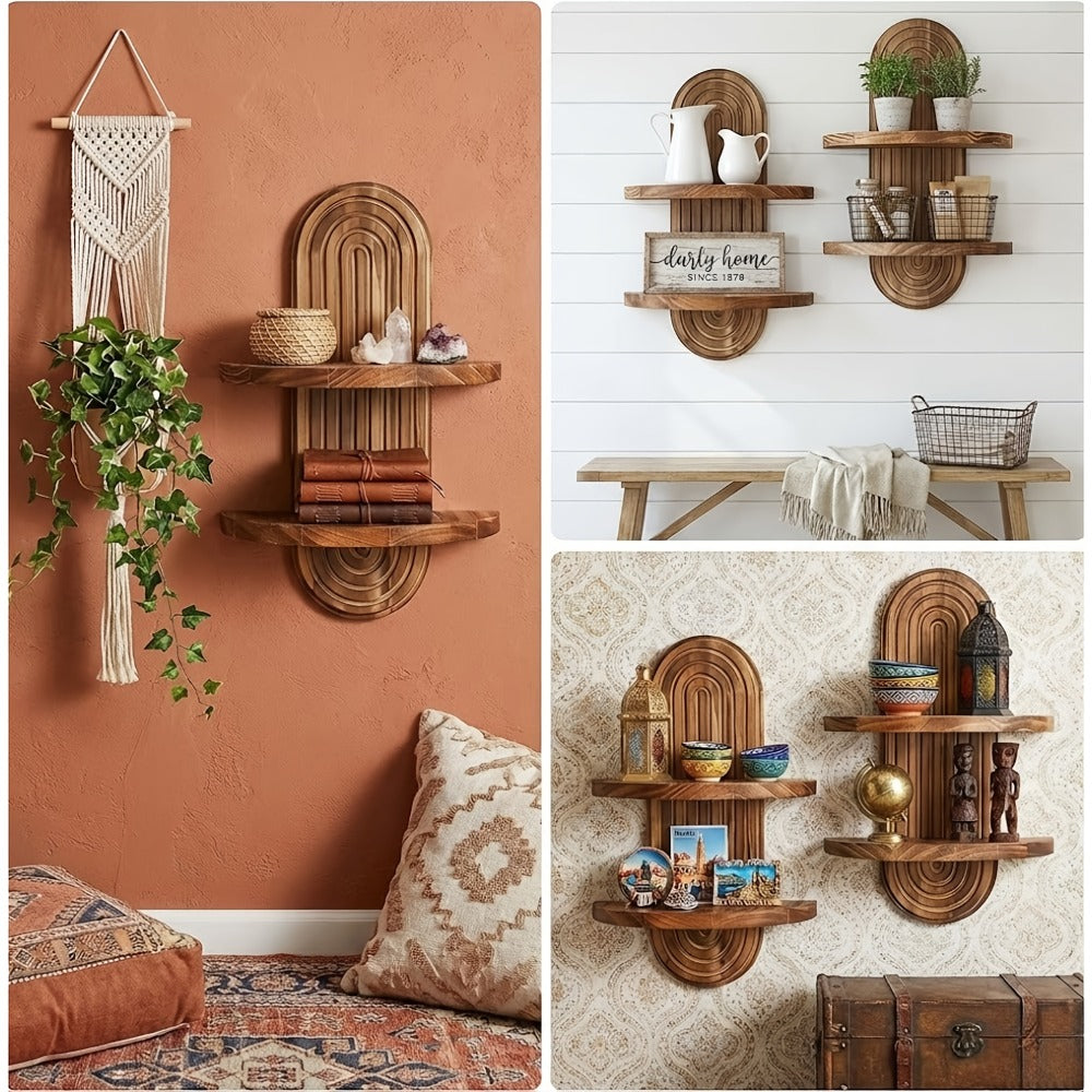 Floating Shelves Wood 2-Tier Bohemian Rainbow Arch Wall Shelf Hanging Plant Stand Flower Pot Display Rack Living Room Bedroom Kitchen Entryway Decor