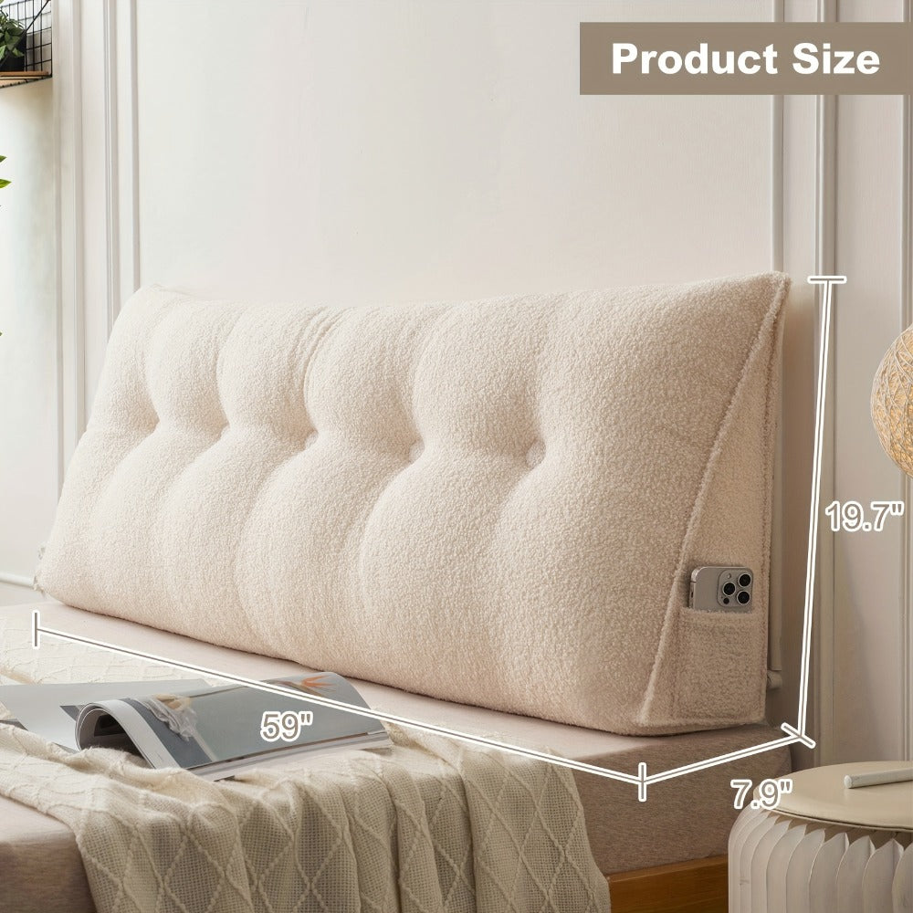 Bed Wedge Pillow Headboard Pillow with Side Pockets Removable Washable Cover Teddy Velvet Reading Pillow Twin Queen King