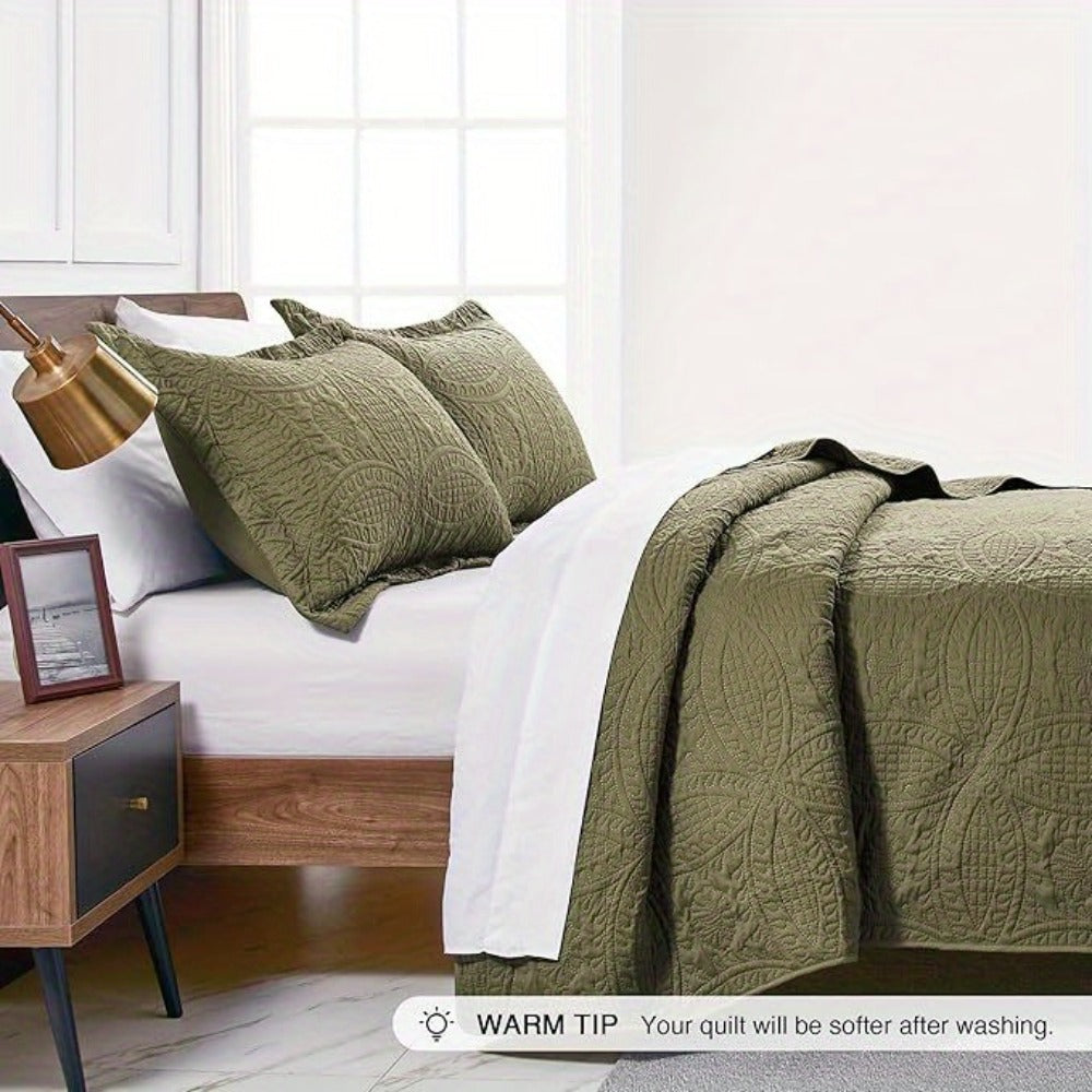 Quilt Set 3 Piece Lightweight Microfiber Bedspread with Pillow Shams - Coin Pattern Coverlet All Season Soft Bed Quilt Full Queen King Orange White Grey Green Khaki