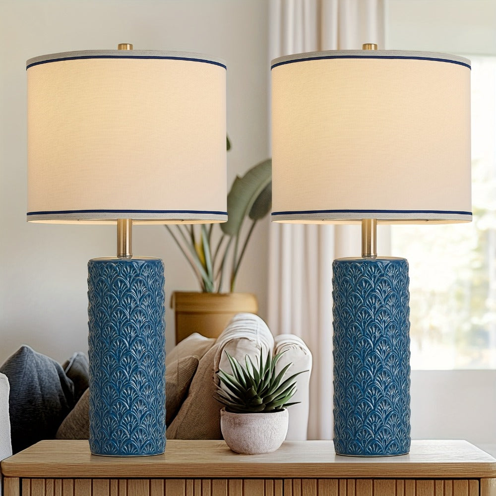 Ceramic Table Lamp ¨C Modern Farmhouse Bedside Lamp with Drum Shade, 3 Color Temperature, Knob Switch, 9W LED Bulb Included, Rustic Nightstand Desk Light for Bedroom Living Room Office Dorm (Multiple Colors)