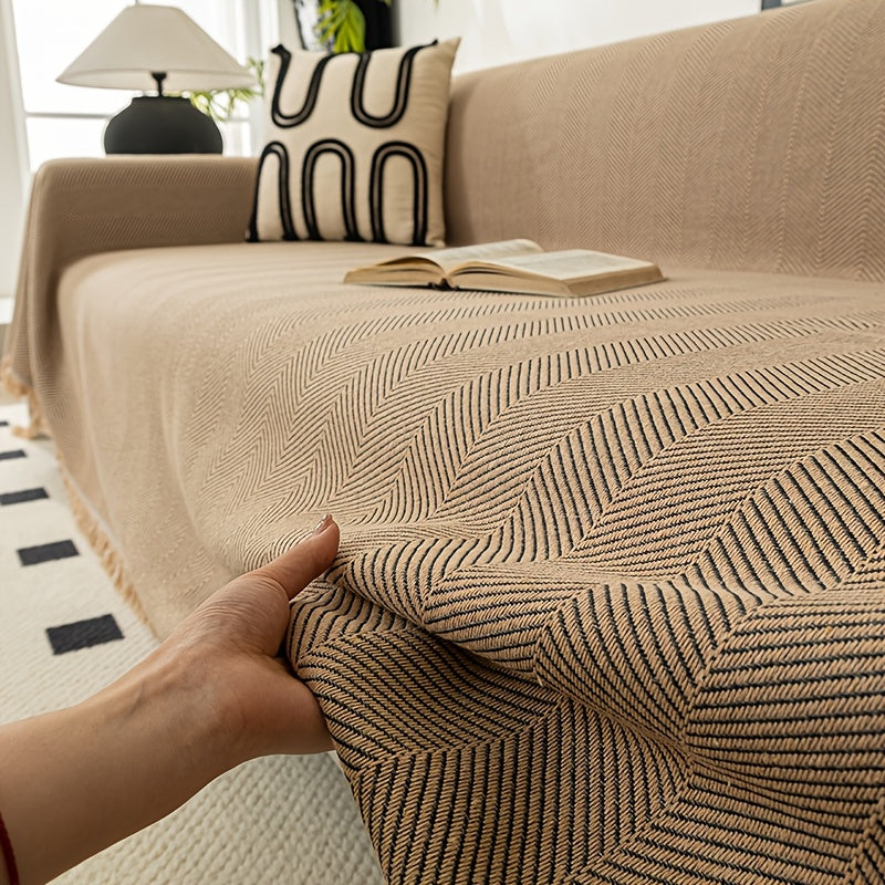 Herringbone Sofa Throw Cover with Tassels Jacquard Woven Solid Color Washable Polyester Sofa Blanket Slipcover for 3 4 Seater Couch Living Room - Grey Coffee Green Blue