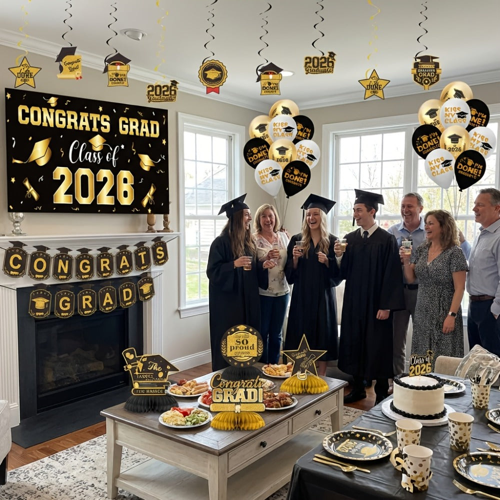 2026 Graduation Decorations Set ¨C Congrats Grad Banner, Backdrop, Hanging Swirls & Honeycomb Table Toppers, Class of 2026 Party Supplies Kit