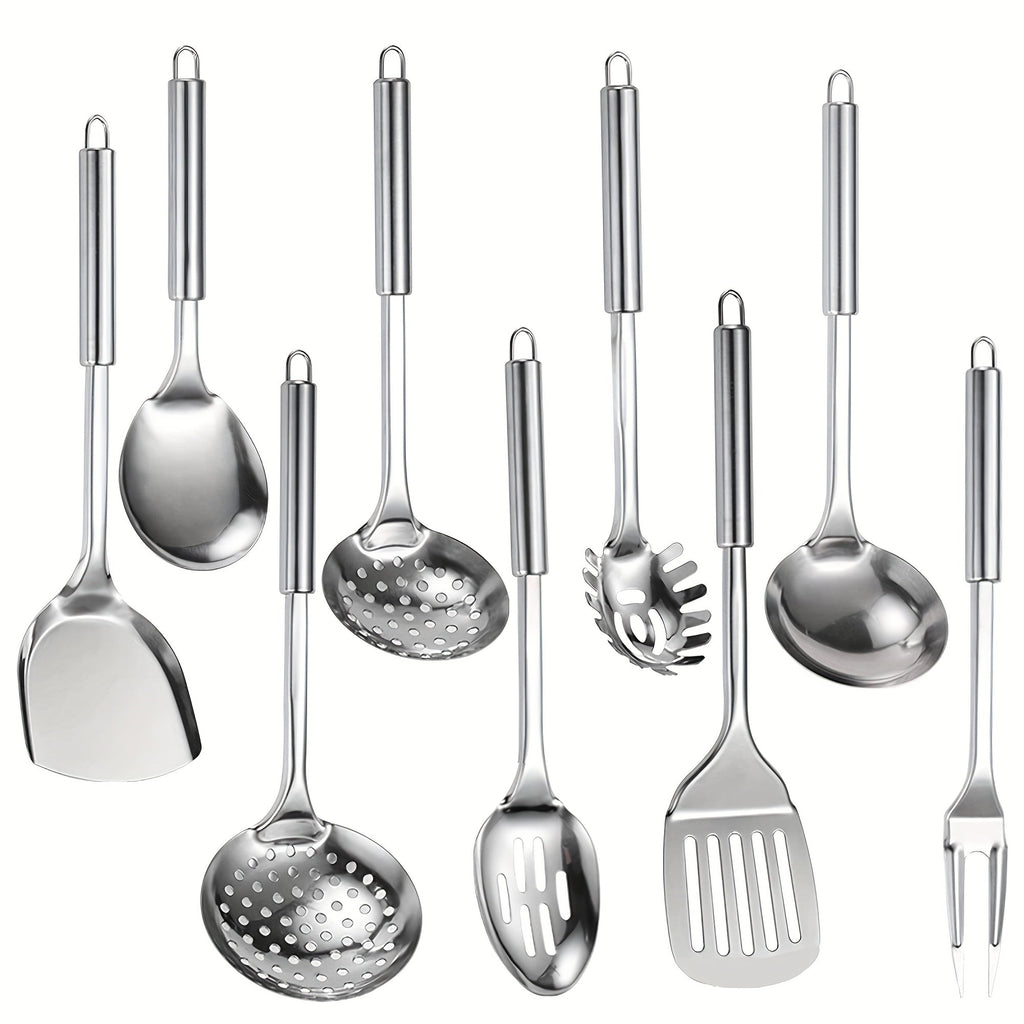 Stainless Steel Cooking Utensil Set 9 Piece for Nonstick Cookware ¨C 304 Grade, Heat Resistant Ergonomic Handles, Dishwasher Safe, Space Saving Kitchen Tools with Hanging Holes for Home & Professional Chefs