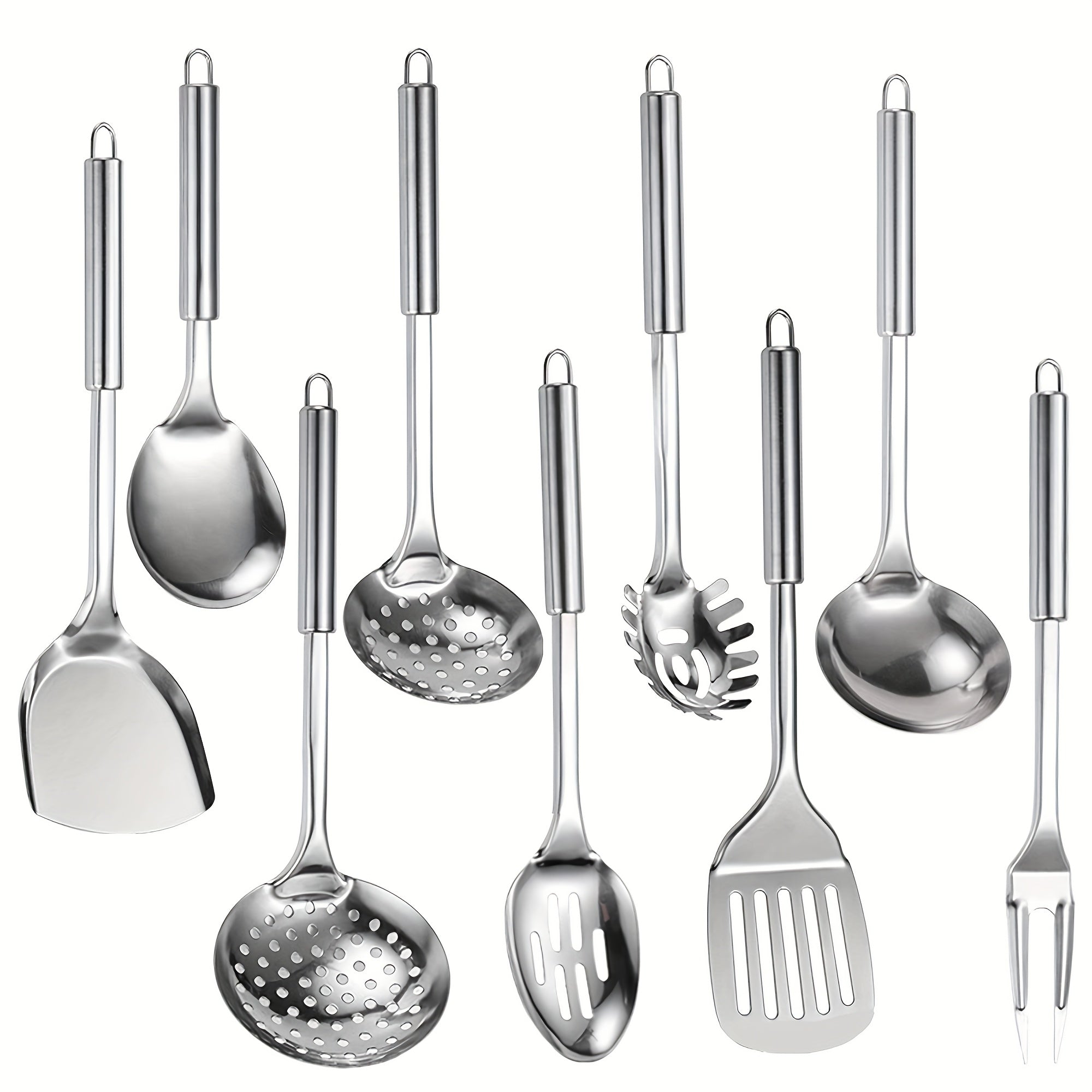 Stainless Steel Cooking Utensil Set 9 Piece for Nonstick Cookware ¨C 304 Grade, Heat Resistant Ergonomic Handles, Dishwasher Safe, Space Saving Kitchen Tools with Hanging Holes for Home & Professional Chefs