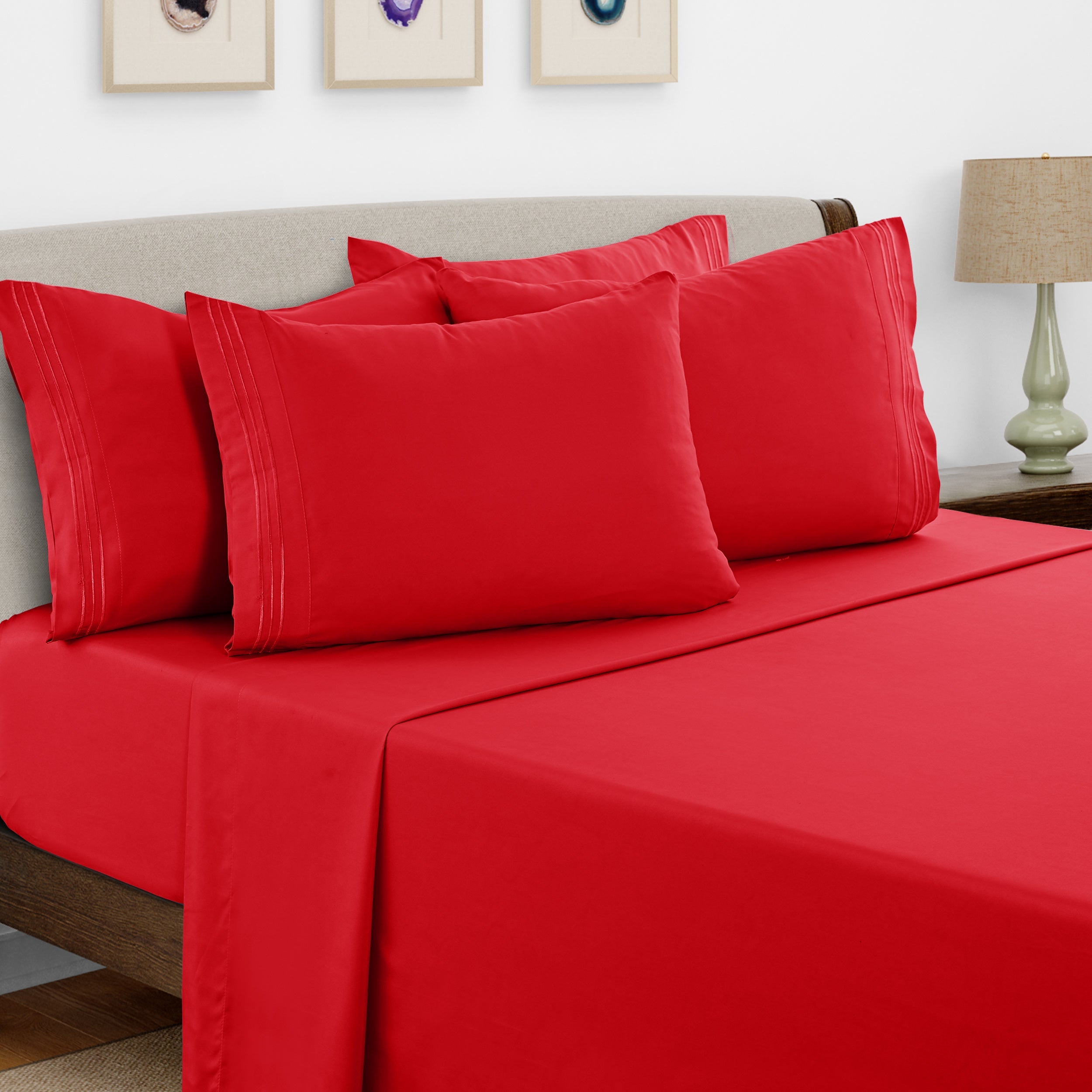 Bed Sheets Set 6 Piece - Soft Brushed Microfiber Fitted Sheet with 16¡± Deep Pocket, Flat Sheet & Embroidered Pillowcases, Hotel Luxury Cooling Bedding, All Seasons, 20 Colors