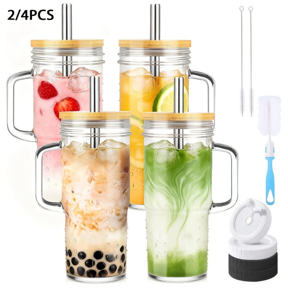 Glass Tumbler with Bamboo Lid and Straw 24oz - Leak-Proof Mason Cup with Silicone Seal, Reusable Straw & Cleaning Brush, Travel Drinkware Set for Outdoor & Daily Use
