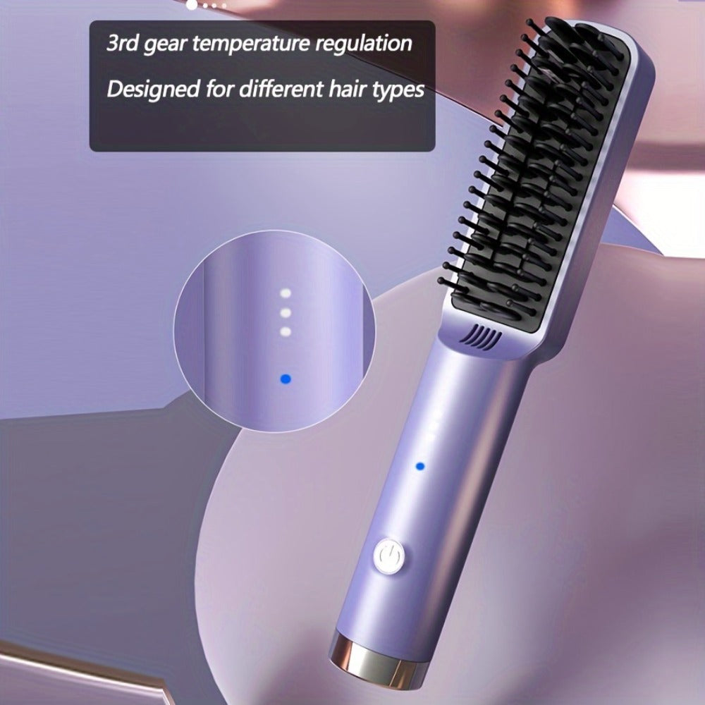 Mini Hair Straightener Comb Ceramic Heating Plate 3 Temperature Settings Fast Heating LED Display Travel Hair Straightening Brush for Women Home Salon Gift