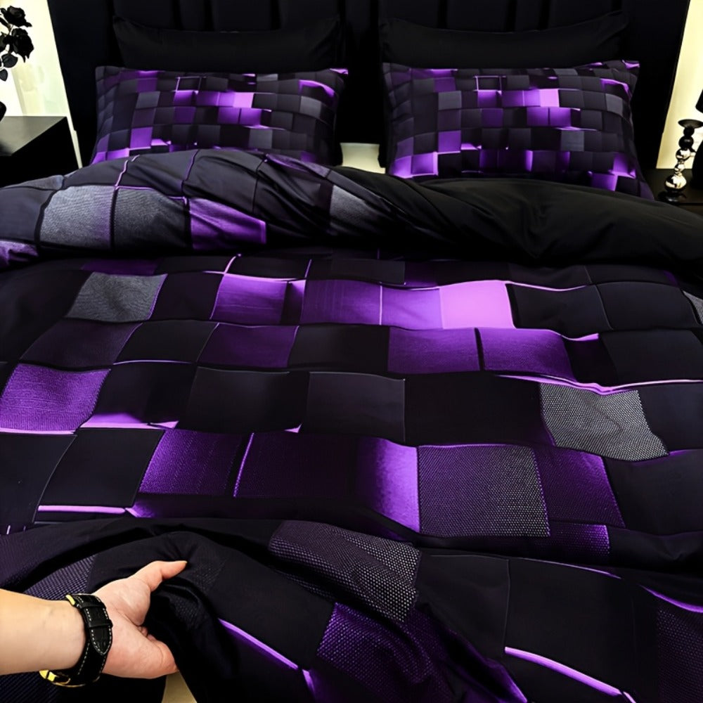 Duvet Cover Set 3 Piece Plaid Digital Print Polyester Bedding All Season Twin Full Queen King Size with Pillowcases Purple Blue Red