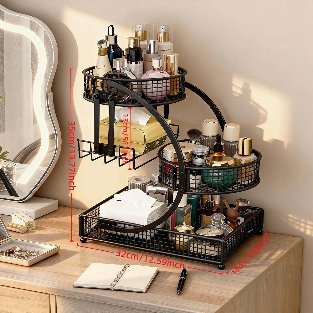 3-Tier Metal Makeup Organizer with Round Baskets Anti-Rust Vanity Storage Rack with Tissue Holder Space Saving Cosmetic Organizer Gift for Women