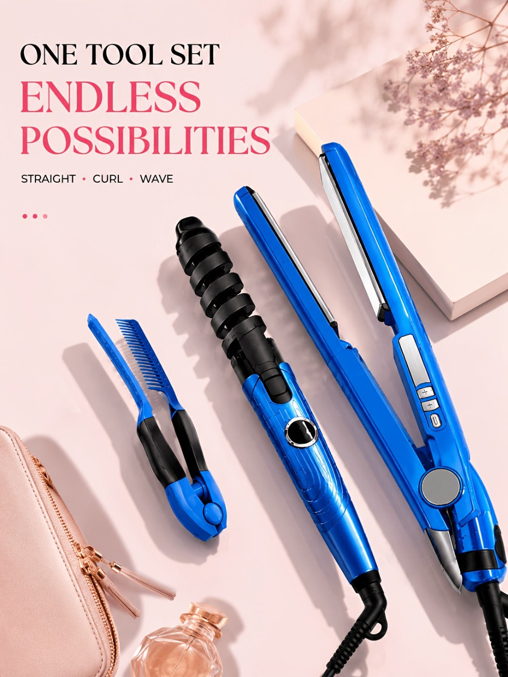 3-in-1 Hair Styling Set Flat Iron Curling Iron & Styling Comb, Anti-Scald Hair Straightener & Curler for Big Waves Straight Hair Curls, Professional Hair Tools Gift for Women, Mother's Day Birthday