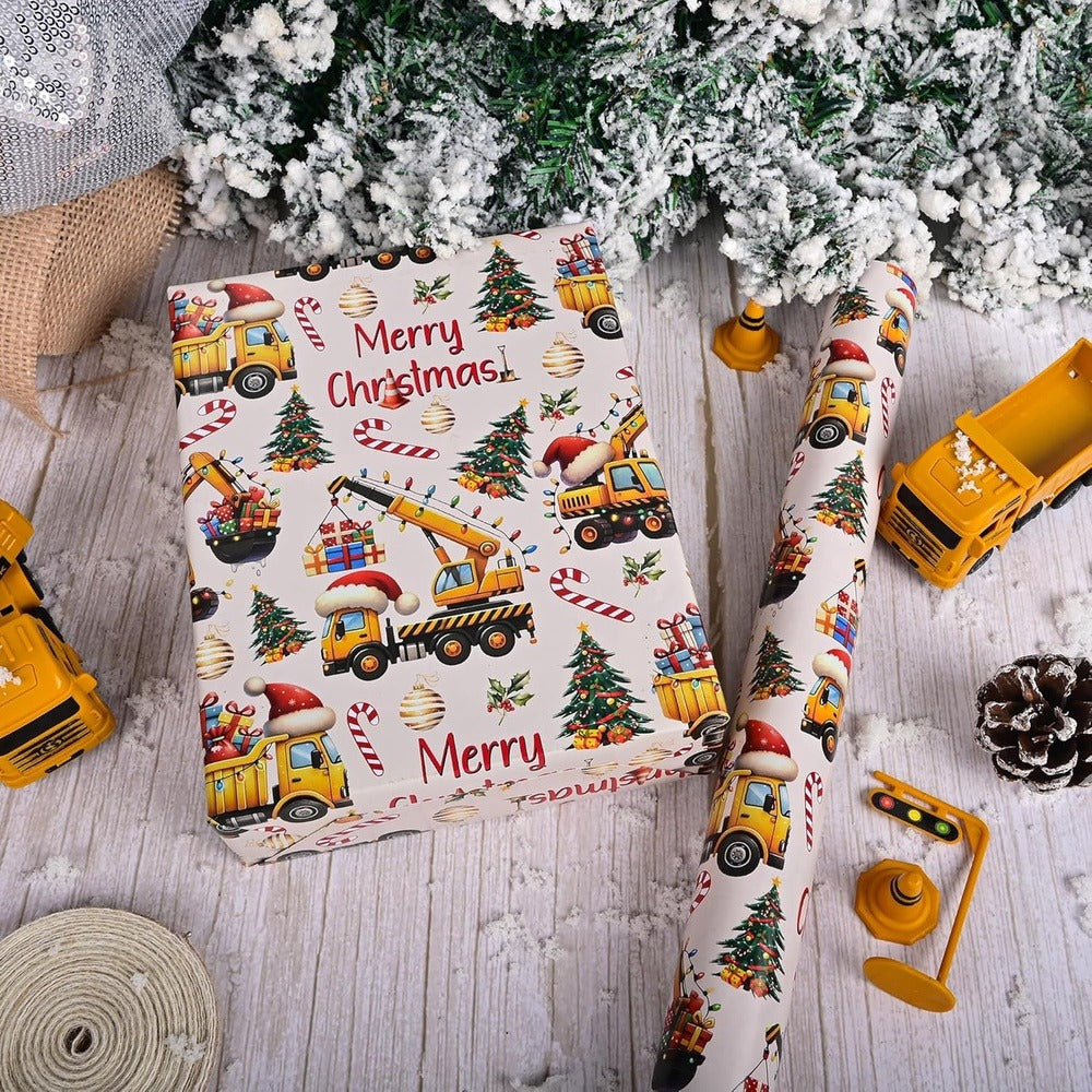 Christmas Wrapping Paper Construction Vehicles - Dump Trucks Excavators Tractors Gift Wrap for Boys Girls, 58¡±x23¡± Roll (28.5 Sq Ft)